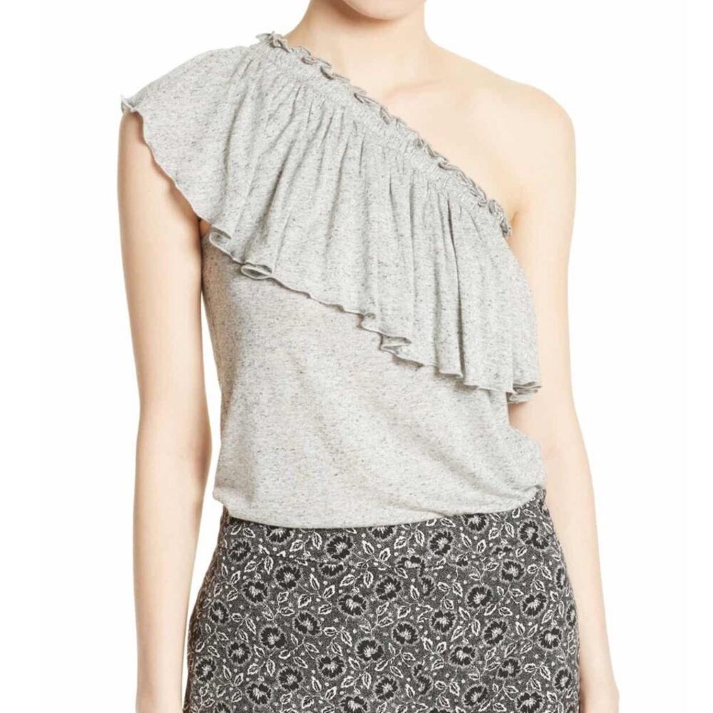 Rebecca Taylor Women's Grey Melan Jersey Knit One-Shoulder Ruffle Top sz M